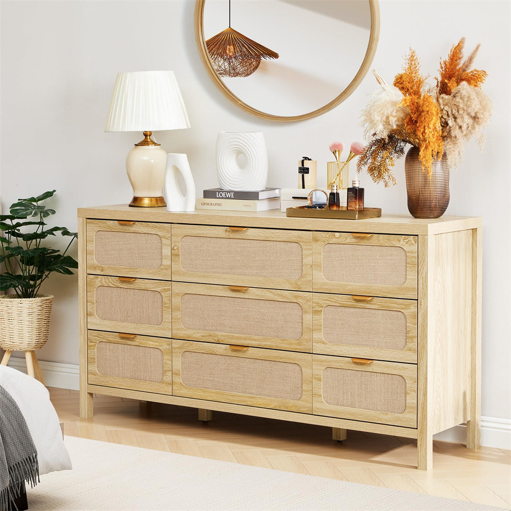 Light wood dresser with decorative items in a room setting
