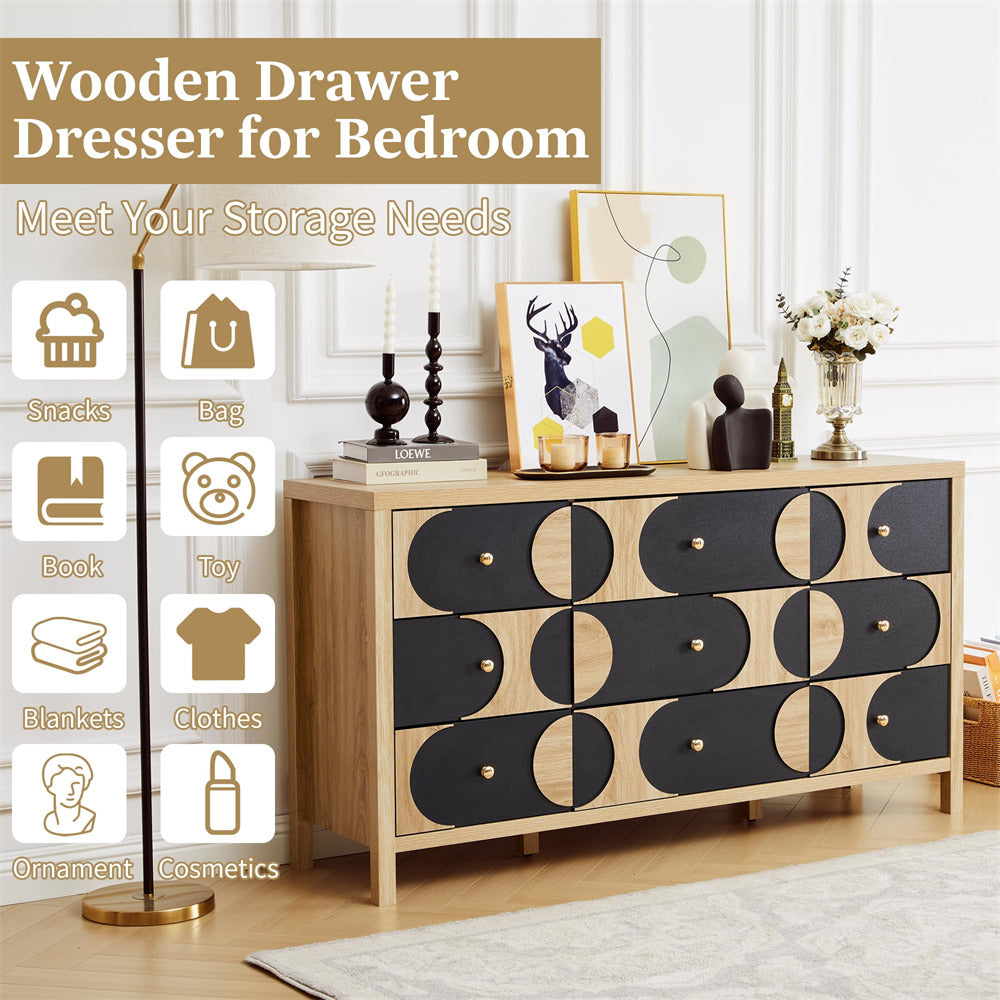 Wooden dresser with geometric design in a bedroom setting, featuring icons for storage categories.