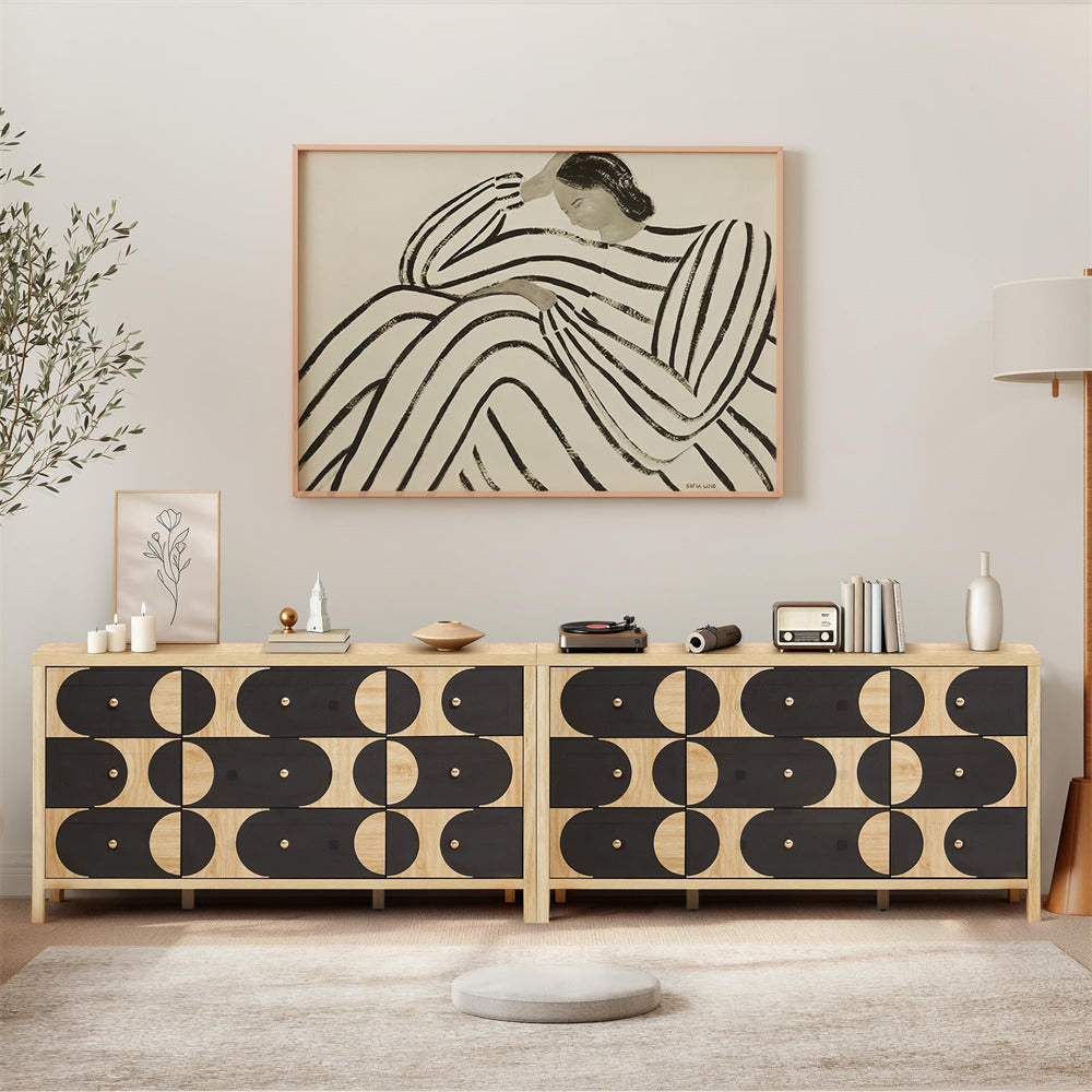 Modern living room with a decorative cabinet, abstract art, and minimal decor.