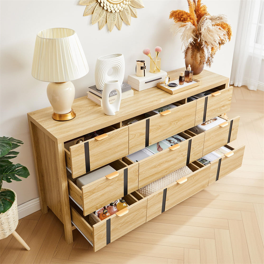 Wooden dresser with multiple drawers in a room setting with decor items.