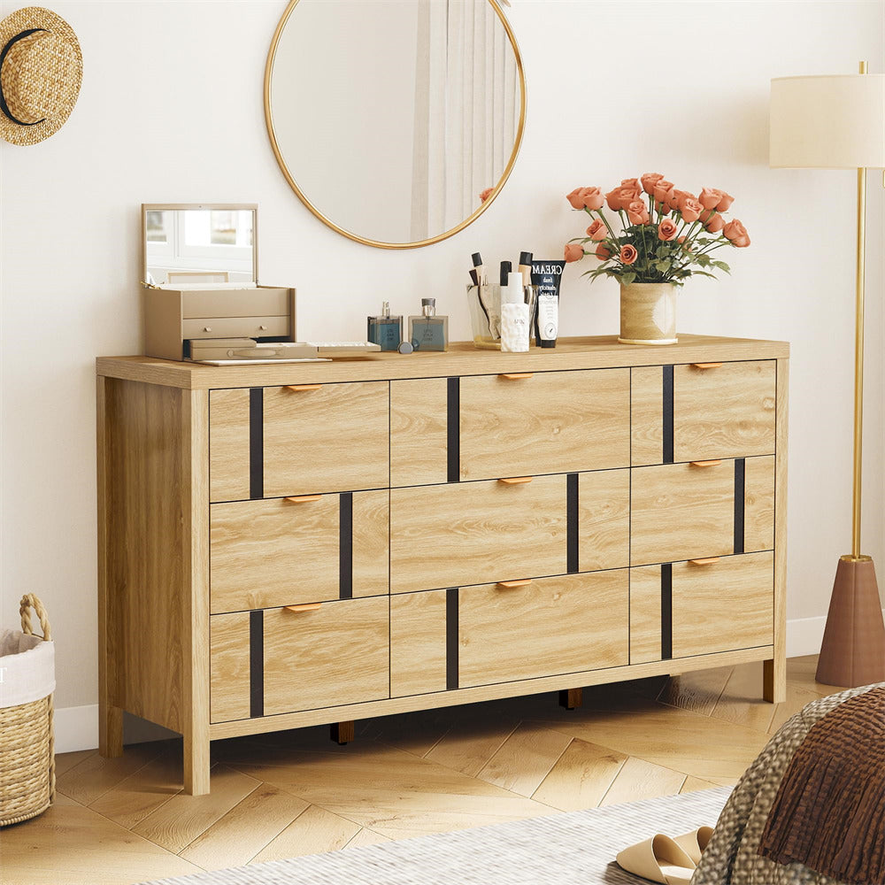 Wooden dresser with decorative items in a room setting
