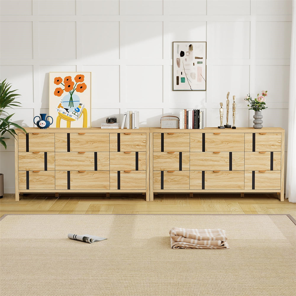 Wooden sideboard with decorative items in a room with a white wall and light-colored floor.