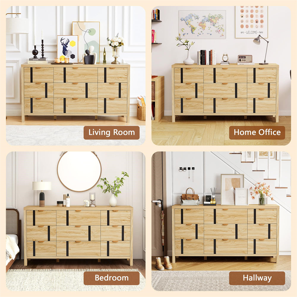 Wooden cabinet shown in different room settings: living room, home office, bedroom, and hallway.