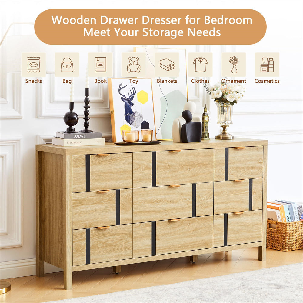 Wooden drawer dresser with various items on top in a bedroom setting