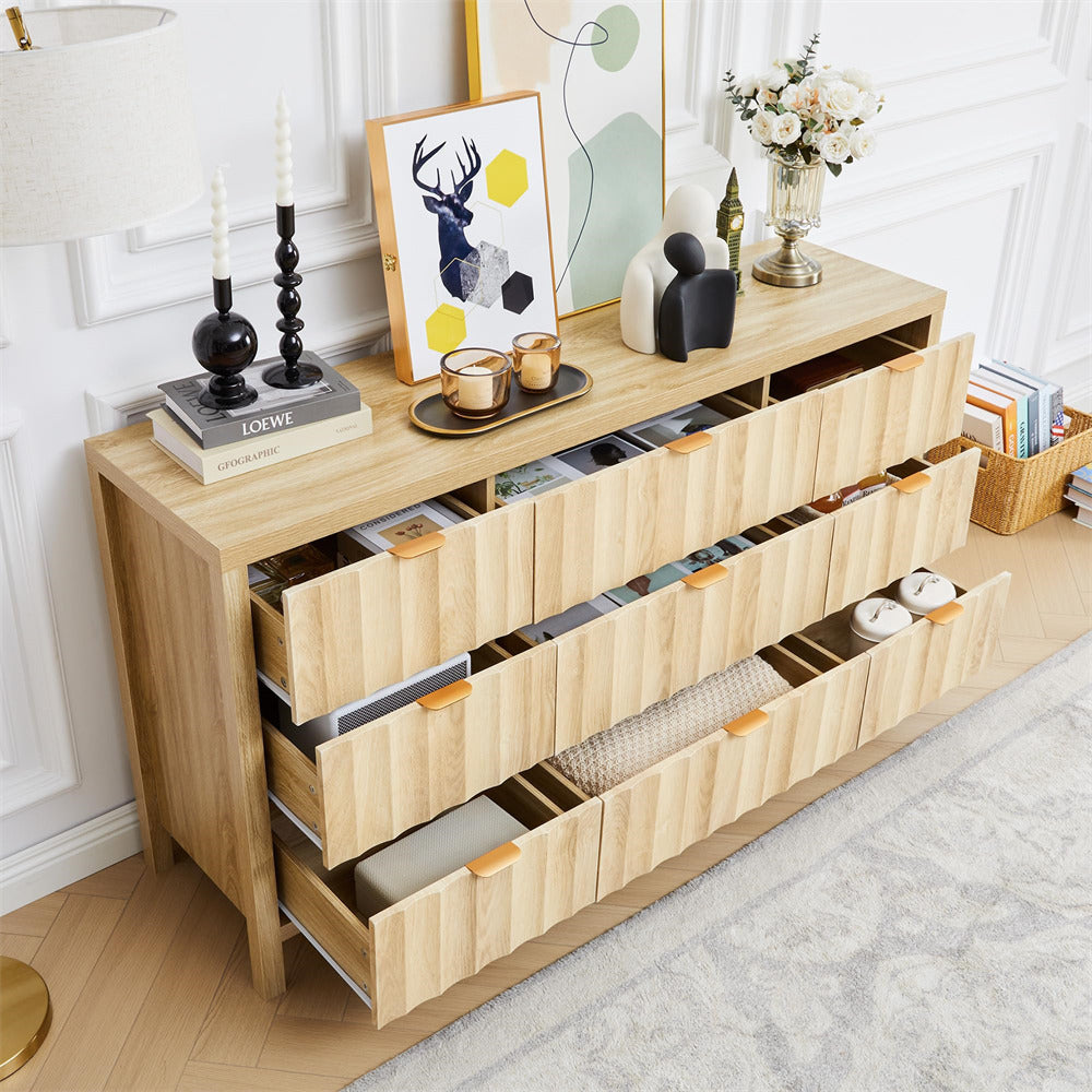 Wooden dresser with multiple drawers in a room setting