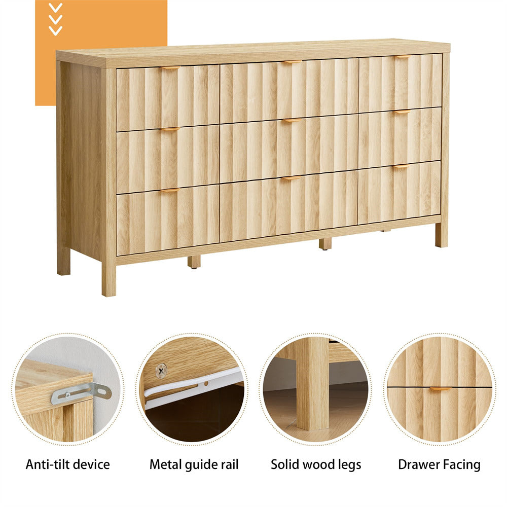 Wooden dresser with anti-tilt device, metal guide rail, solid wood legs, and drawer facing features.