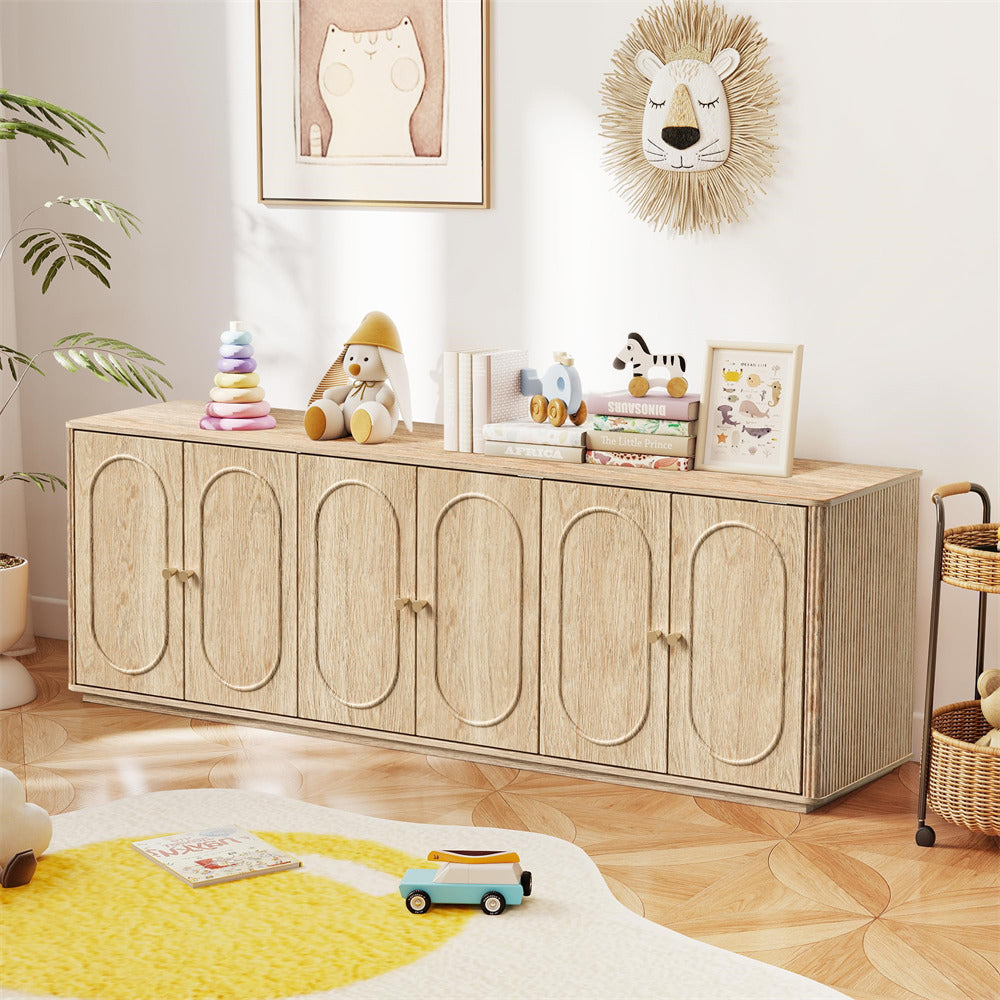 Wooden cabinet in a child's room with toys and decor