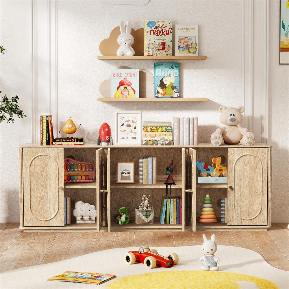 Wooden children's bookshelf with toys and books in a bright room
