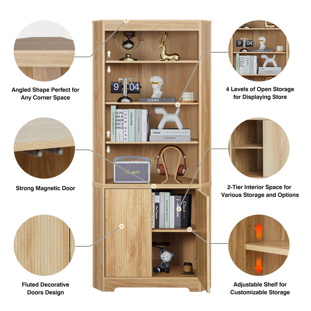 Natural 71" 6-Tier Tall Corner Storage Cabinet with 2 Fluted Doors