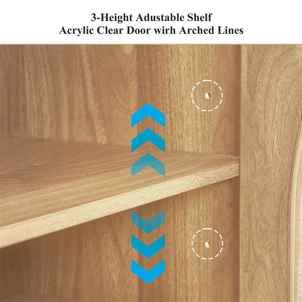 Wooden shelf with 3-height adjustable feature and acrylic clear door with arched lines.
