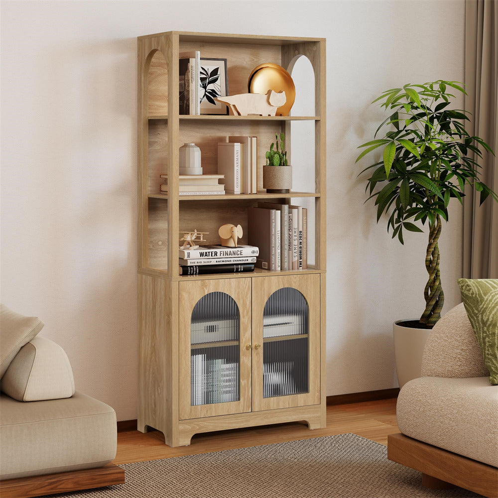 Wooden bookshelf with decorative items in a living room setting