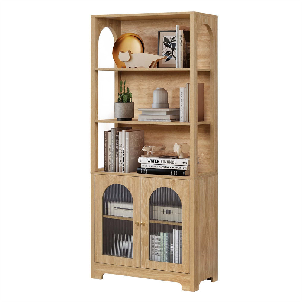 Wooden bookshelf with decorative items on a white background