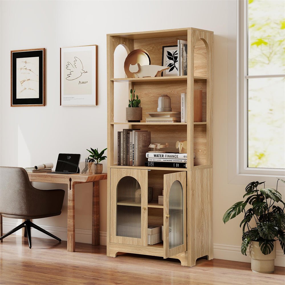 Wooden bookshelf with books and decor in a home office setting