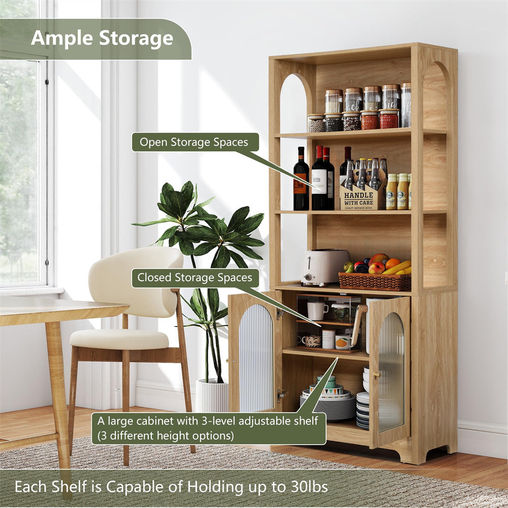 Wooden storage cabinet with shelves and open storage spaces in a room setting.