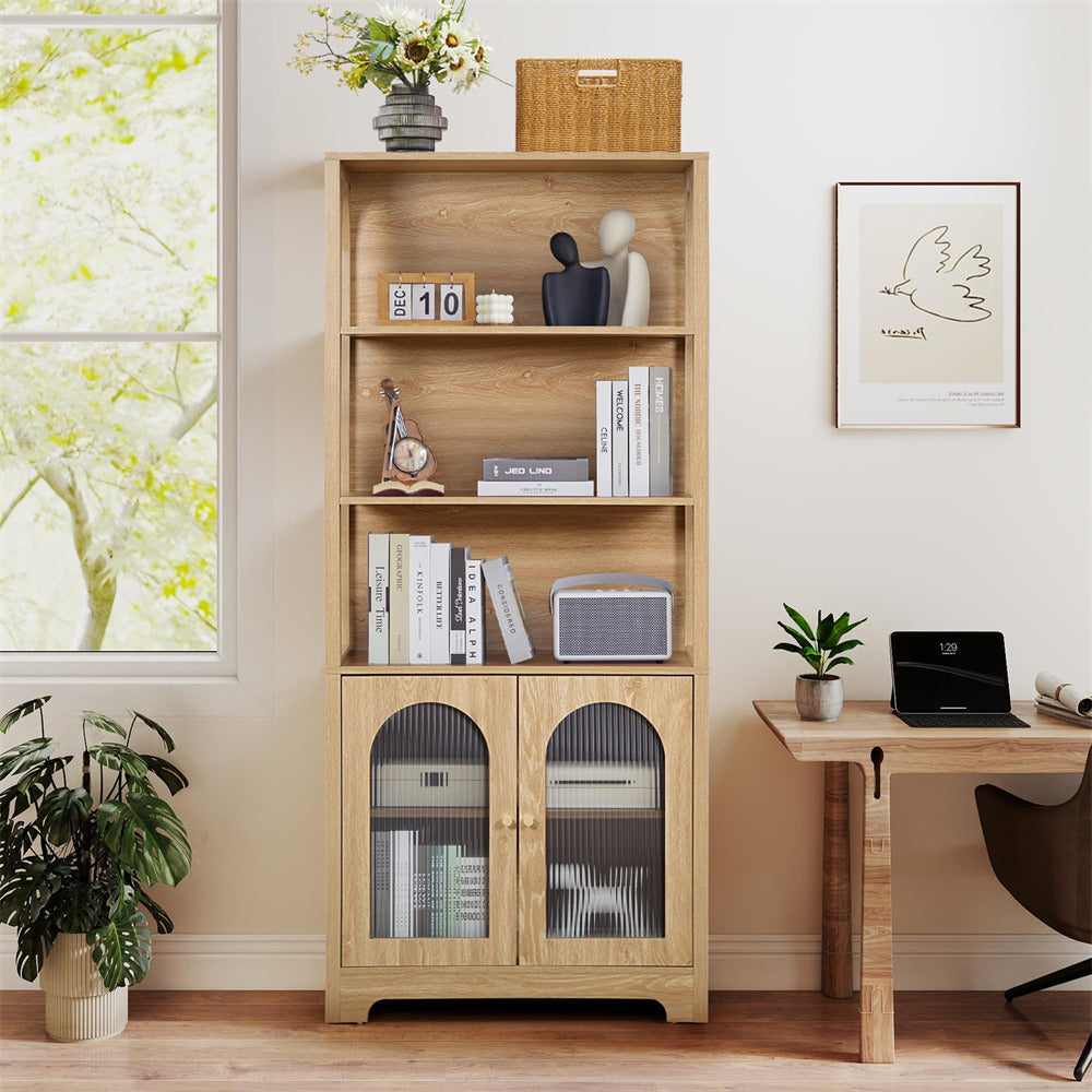 Wooden bookshelf with decorative items in a home office setting