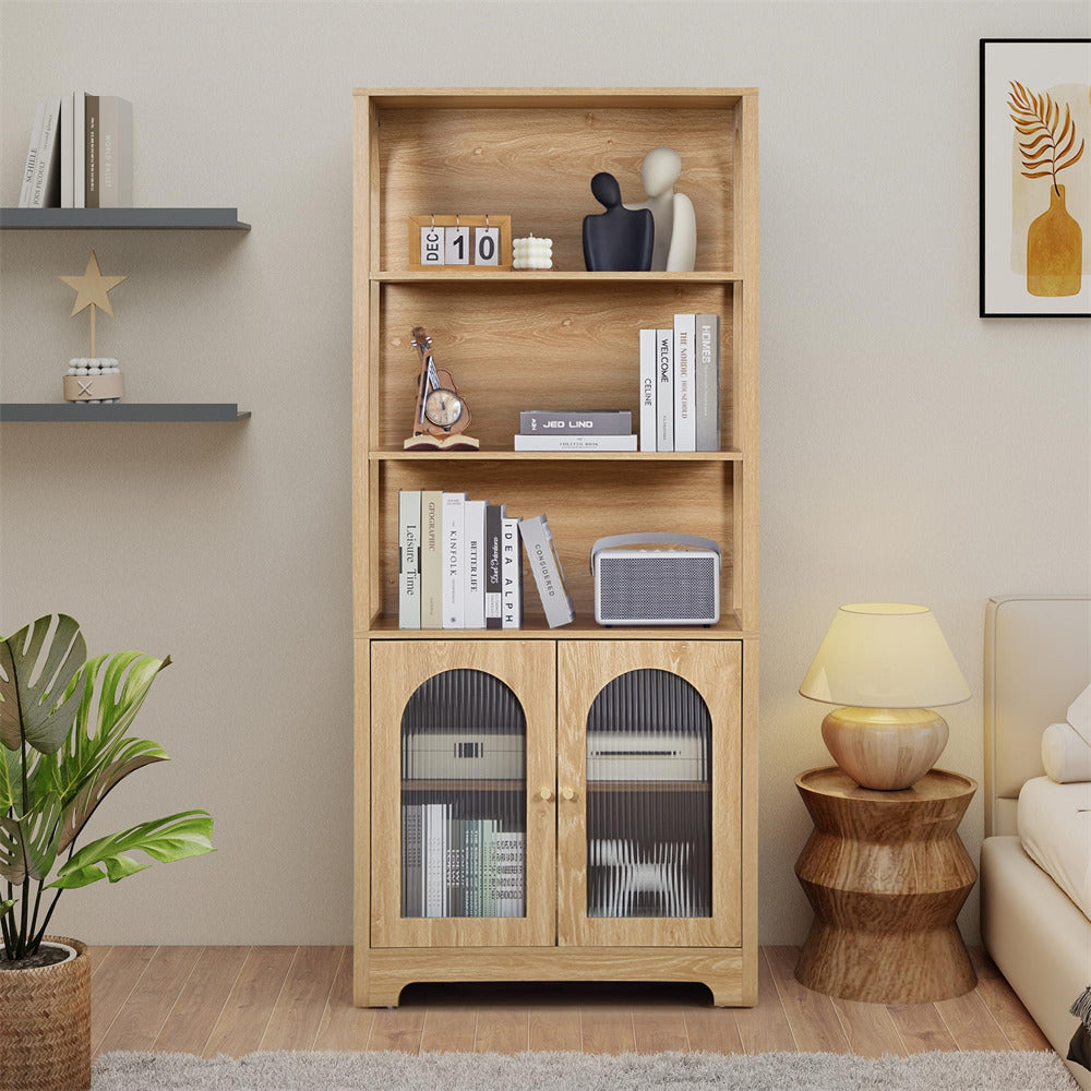 Wooden bookshelf with decorative items in a living room setting