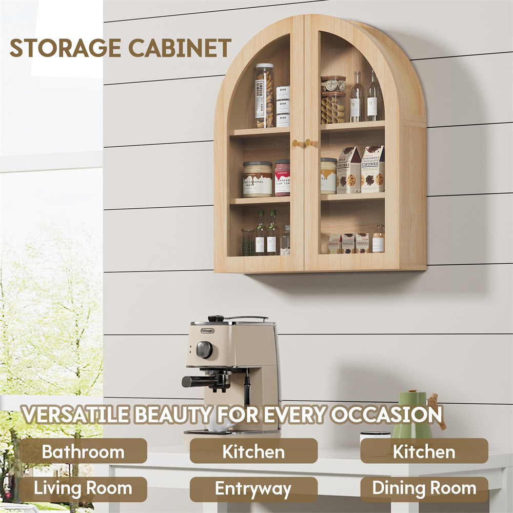 Natural Arched Bathroom Wall Storage Cabinet with Adjustable Wood Shelf & Glass Doors