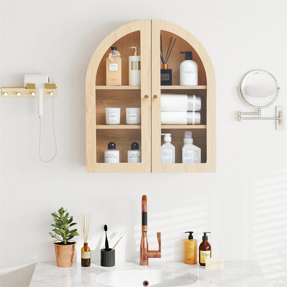 Natural Arched Bathroom Wall Storage Cabinet with Adjustable Wood Shelf & Glass Doors