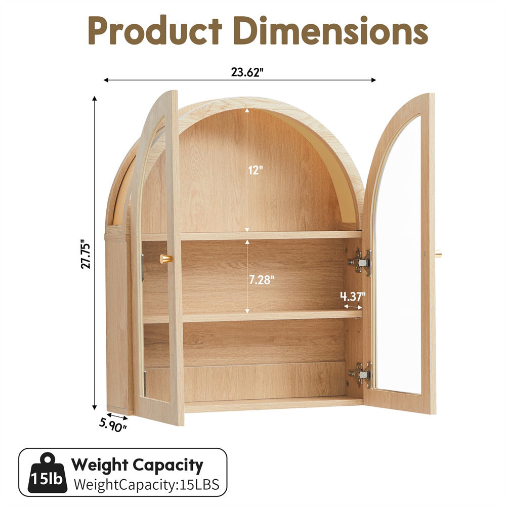Natural Arched Bathroom Wall Storage Cabinet with Adjustable Wood Shelf & Glass Doors