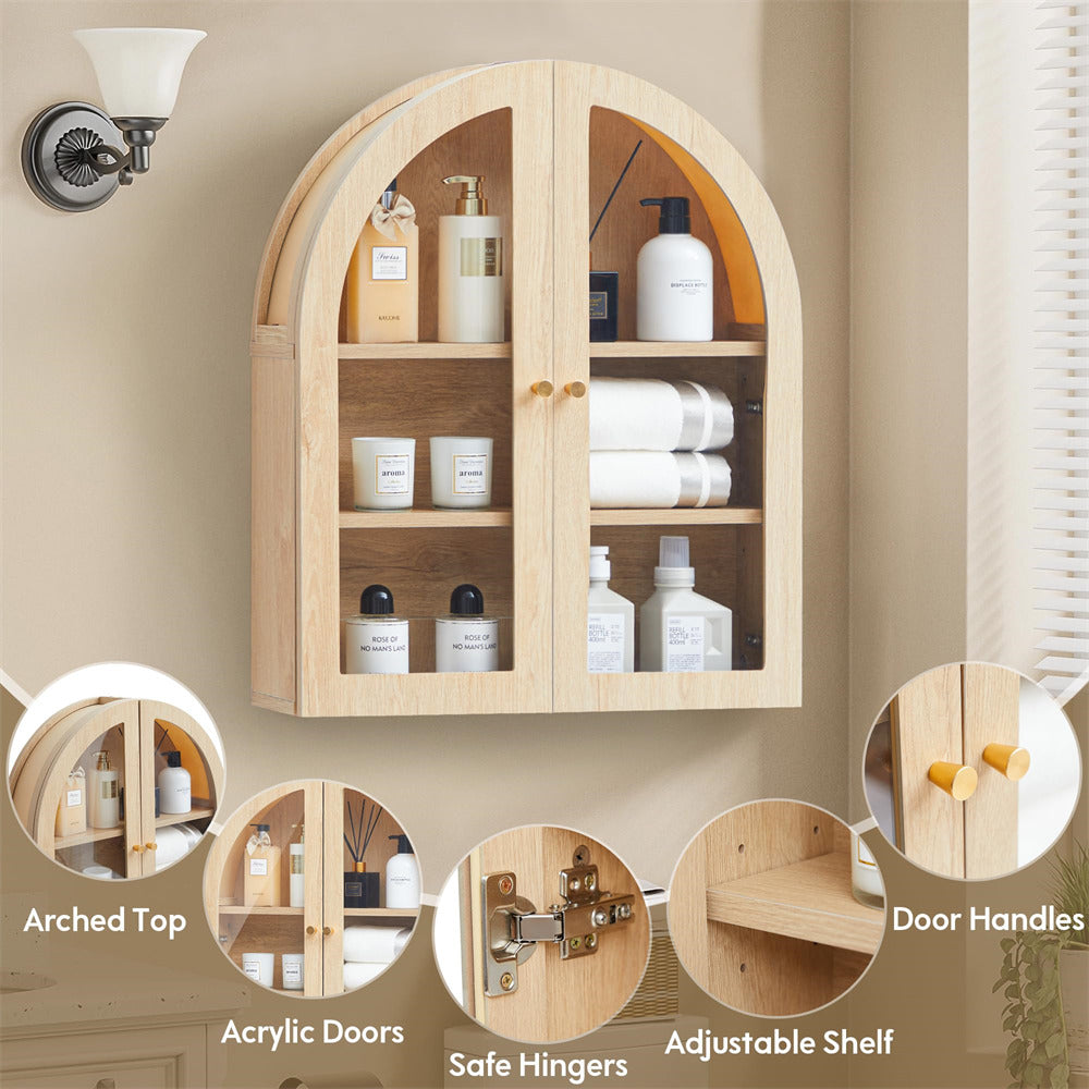 Natural Arched Bathroom Wall Storage Cabinet with Adjustable Wood Shelf & Glass Doors