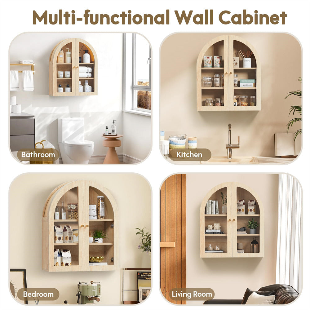 Natural Arched Bathroom Wall Storage Cabinet with Adjustable Wood Shelf & Glass Doors
