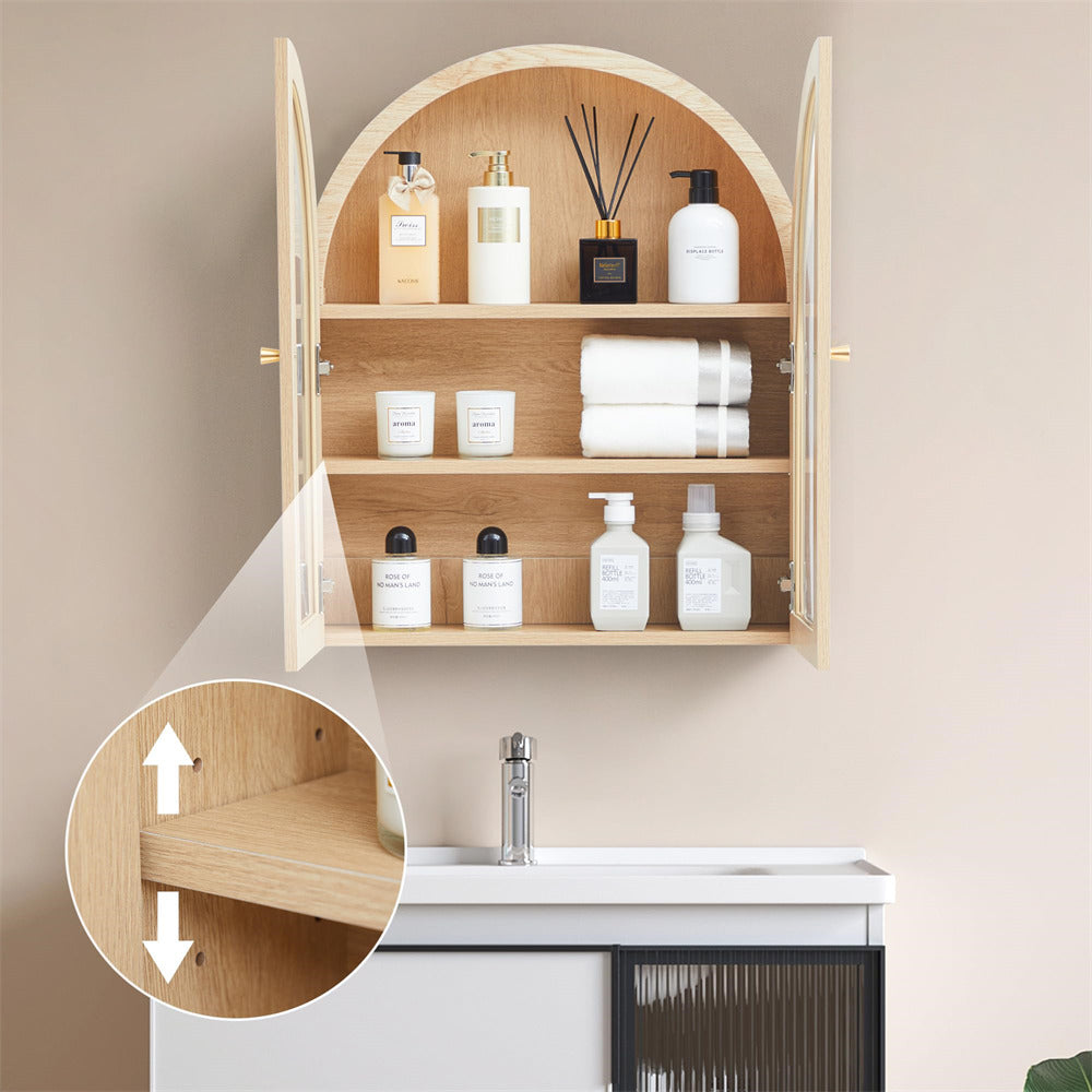 Natural Arched Bathroom Wall Storage Cabinet with Adjustable Wood Shelf & Glass Doors