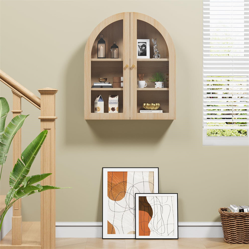 Natural Arched Bathroom Wall Storage Cabinet with Adjustable Wood Shelf & Glass Doors