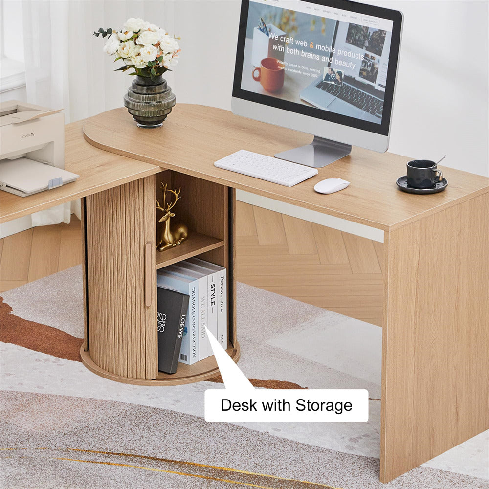 Wooden L-shaped desk with storage shelves, computer setup, and decor items.