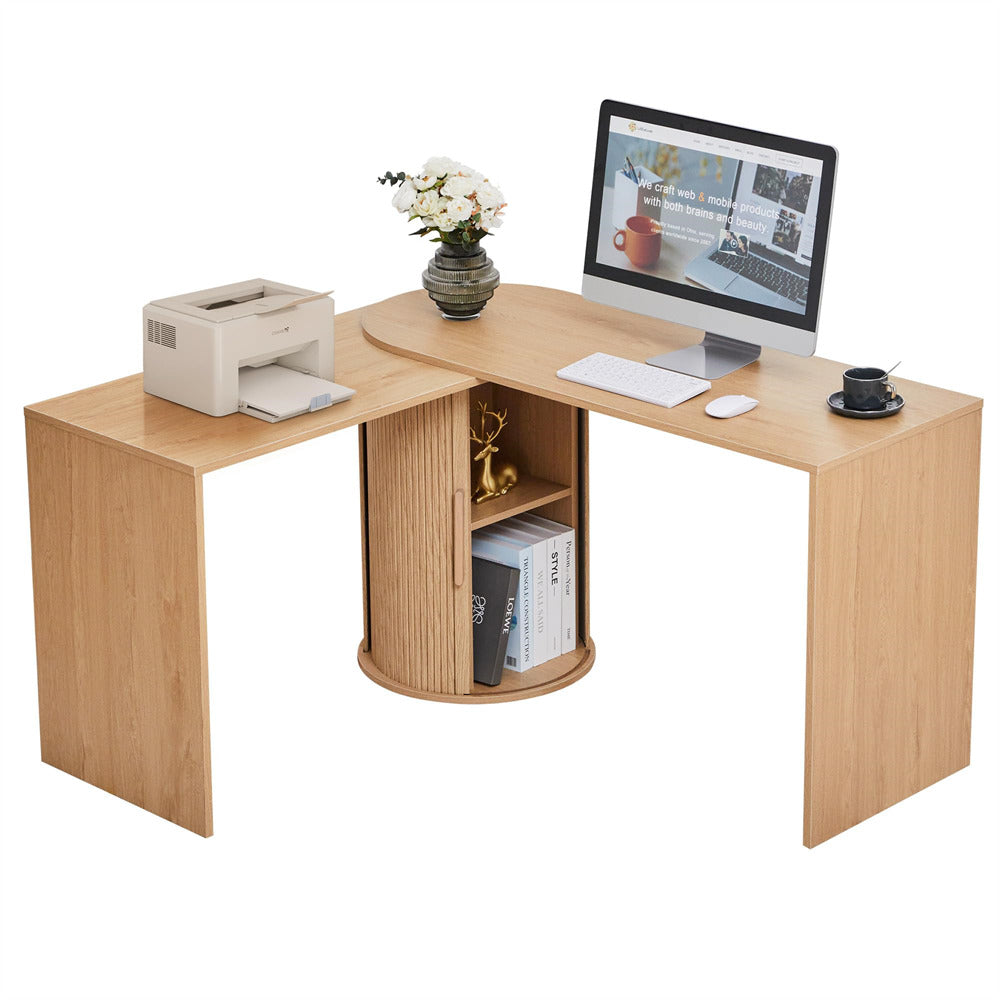 Natural Boho Modern Corner L Shaped Computer Desk Table with Storage