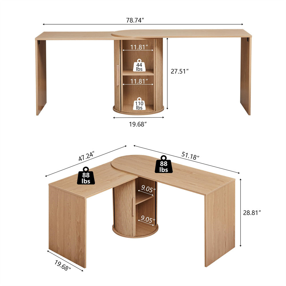 Wooden desk with dimensions and weight labels on a white background