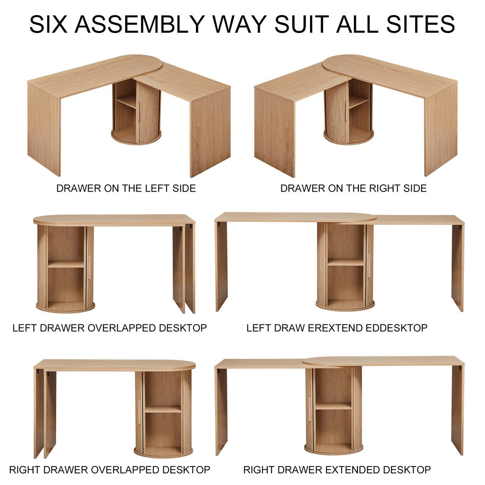 Wooden corner desk with various configurations on a white background