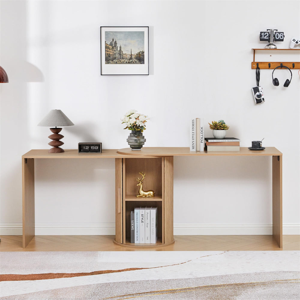 Wooden desk with shelves against a white wall with decor items.