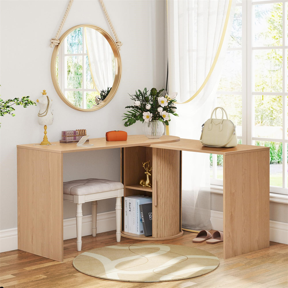 Wooden corner desk with chair in a bright room with a mirror and decor items.