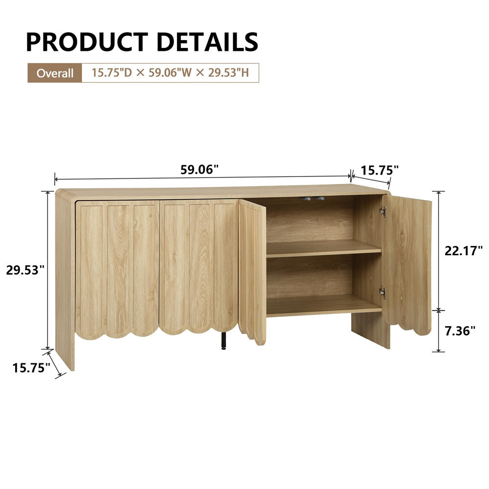 Natural Farmhouse Wood Storage Cabinet Sideboard with Adjustable Shelves and 4 Doors