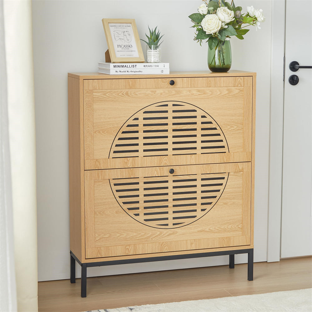 Natural Farmhouse Wooden Shoe Cabinet with Metal Legs and 2 Flip Drawers