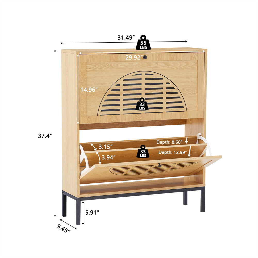 Natural Farmhouse Wooden Shoe Cabinet with Metal Legs and 2 Flip Drawers