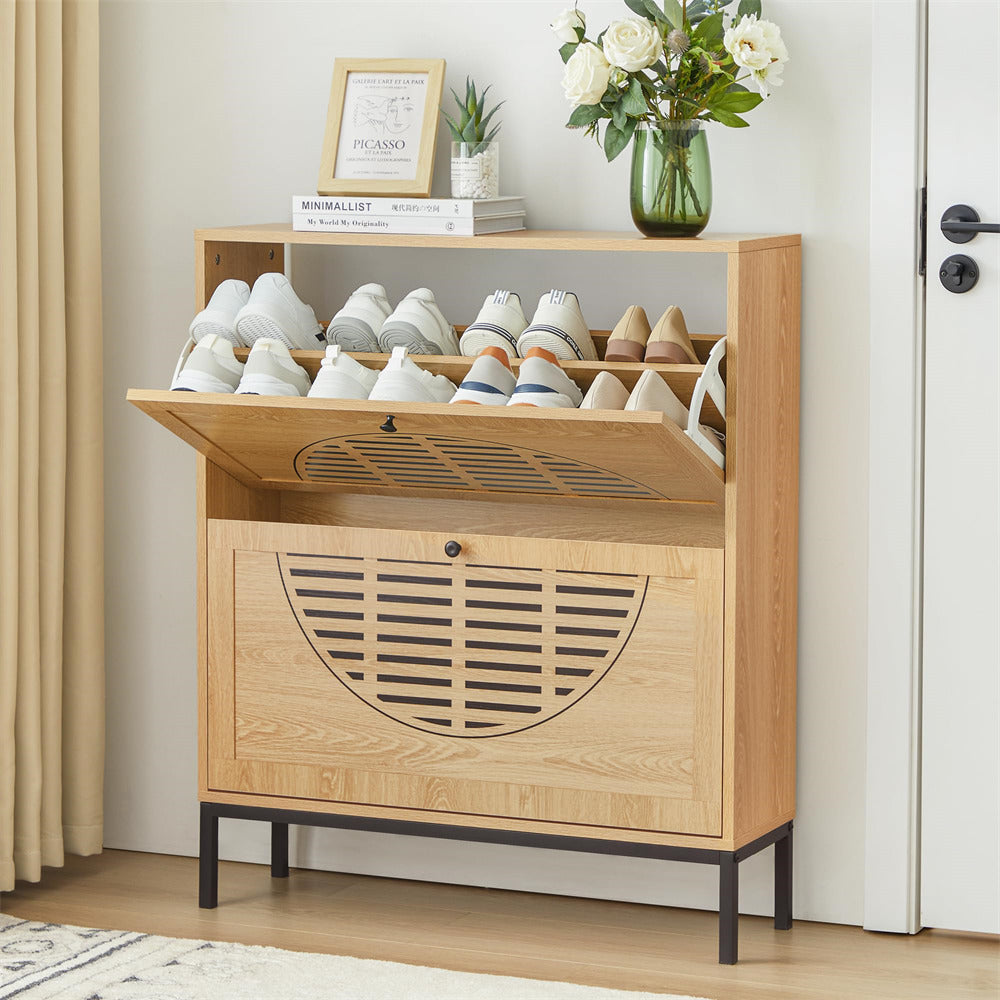 Natural Farmhouse Wooden Shoe Cabinet with Metal Legs and 2 Flip Drawers
