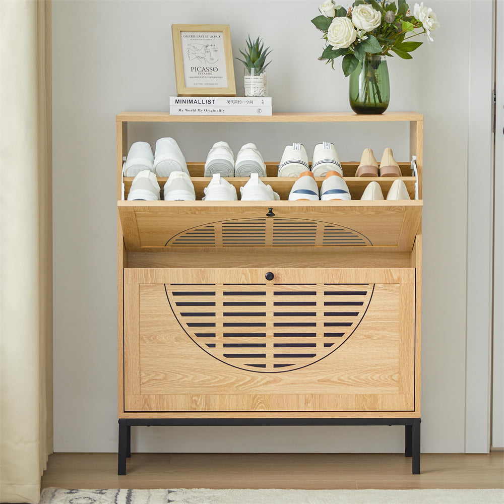 Natural Farmhouse Wooden Shoe Cabinet with Metal Legs and 2 Flip Drawers