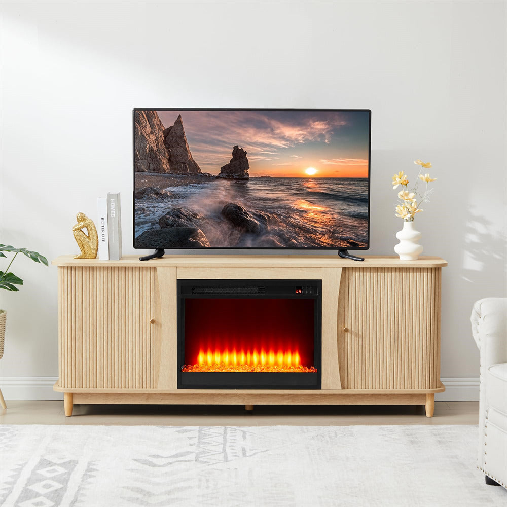Wooden TV stand with built-in electric fireplace and television displaying a sunset scene.