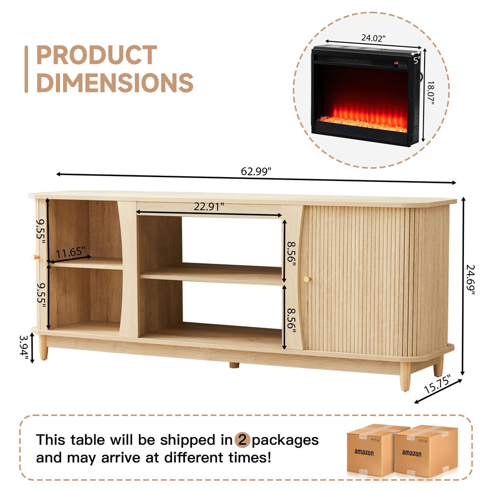 Wooden TV stand with dimensions and inset of an electric fireplace.