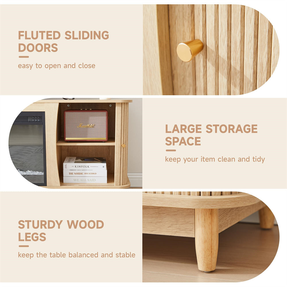 Wooden table with fluted sliding doors, large storage space, and sturdy wood legs on a beige background.