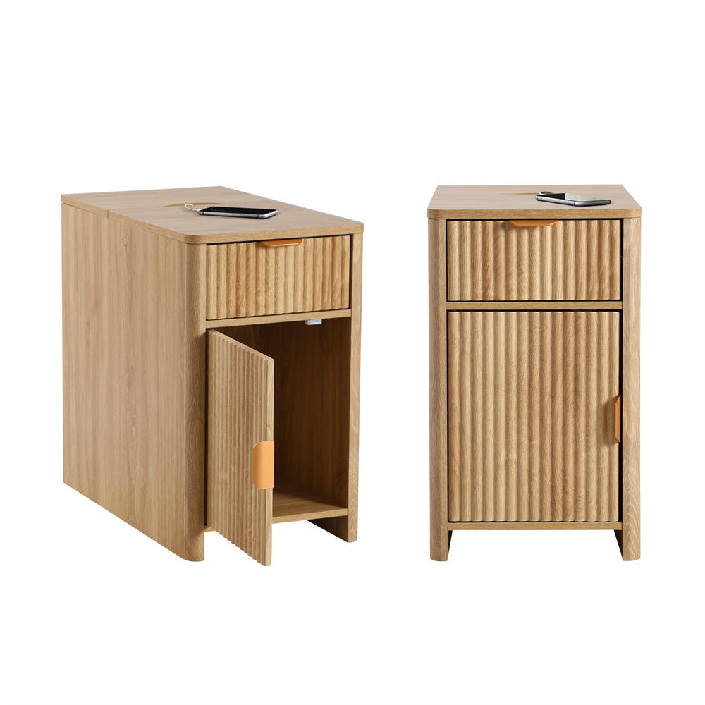 Natural Fluted Small Night Stand Narrow End Table with Charging Station and USB Ports