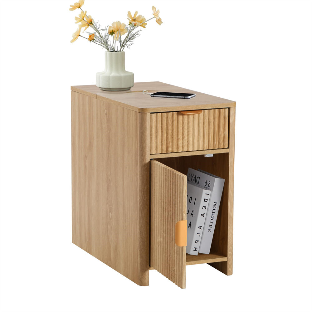 Natural Fluted Small Night Stand Narrow End Table with Charging Station and USB Ports