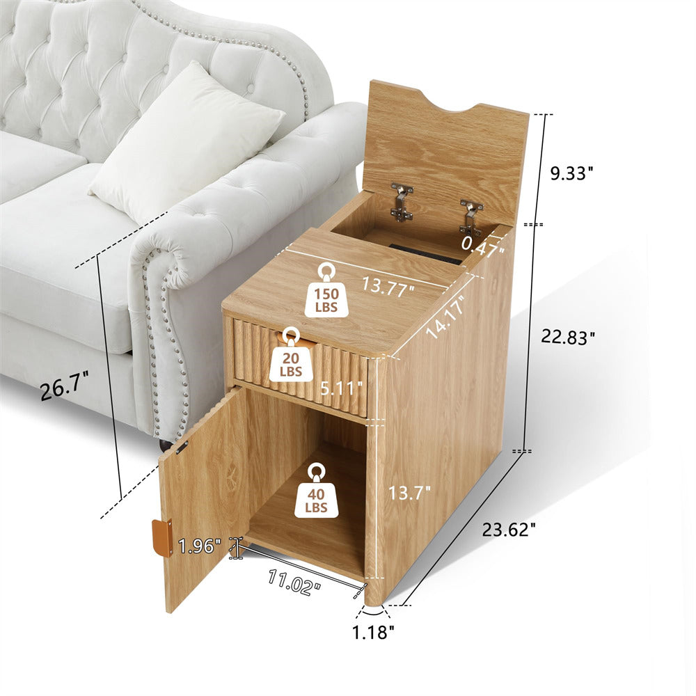 Natural Fluted Small Night Stand Narrow End Table with Charging Station and USB Ports
