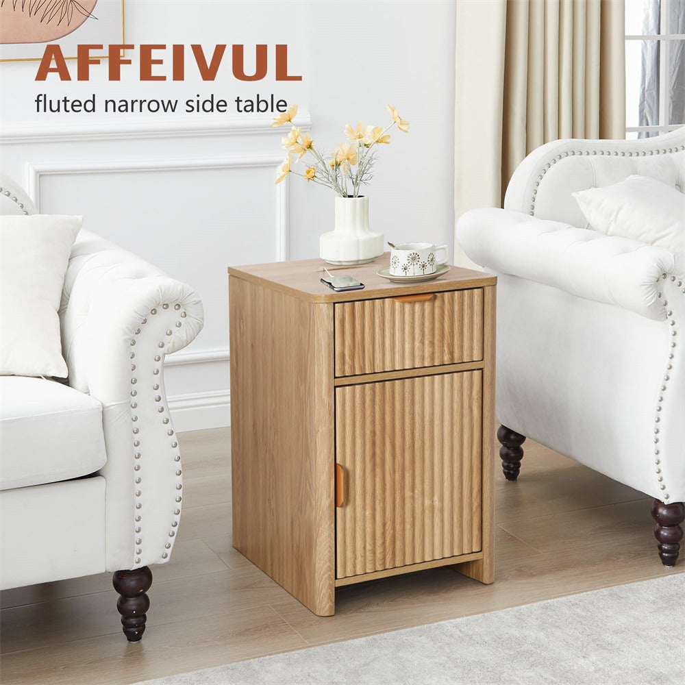 Natural Fluted Small Night Stand Narrow End Table with Charging Station and USB Ports