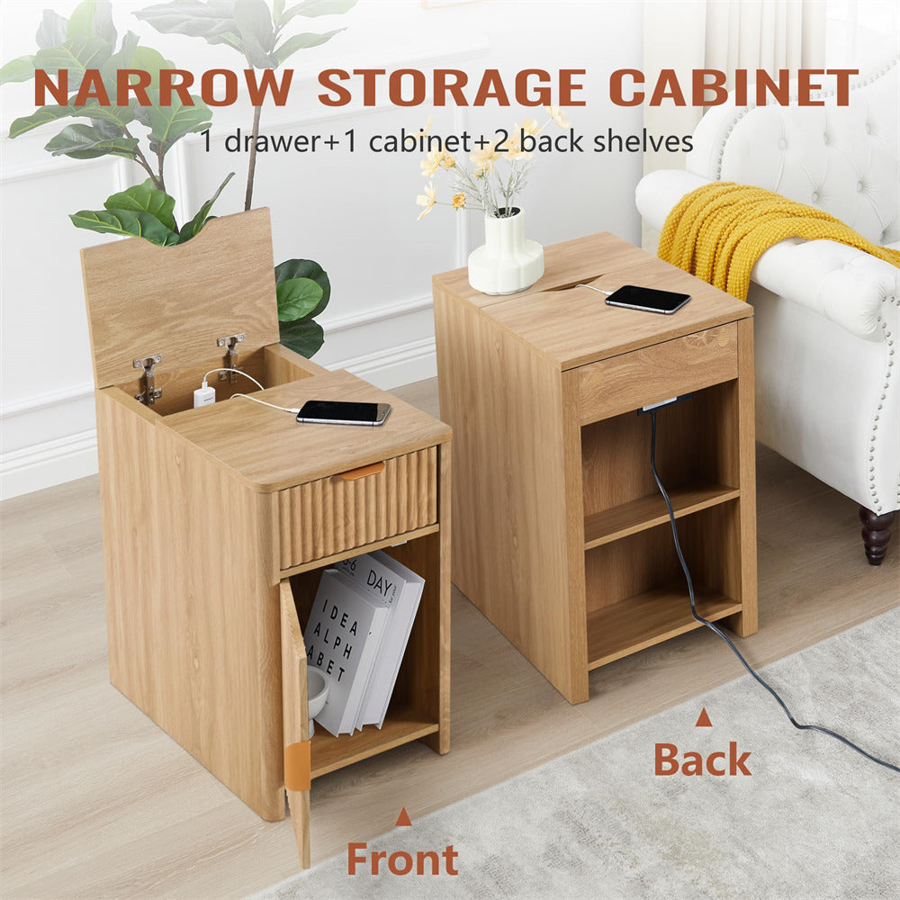 Natural Fluted Small Night Stand Narrow End Table with Charging Station and USB Ports