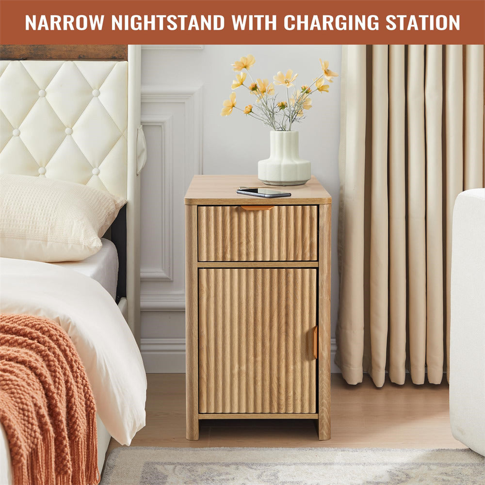 Natural Fluted Small Night Stand Narrow End Table with Charging Station and USB Ports