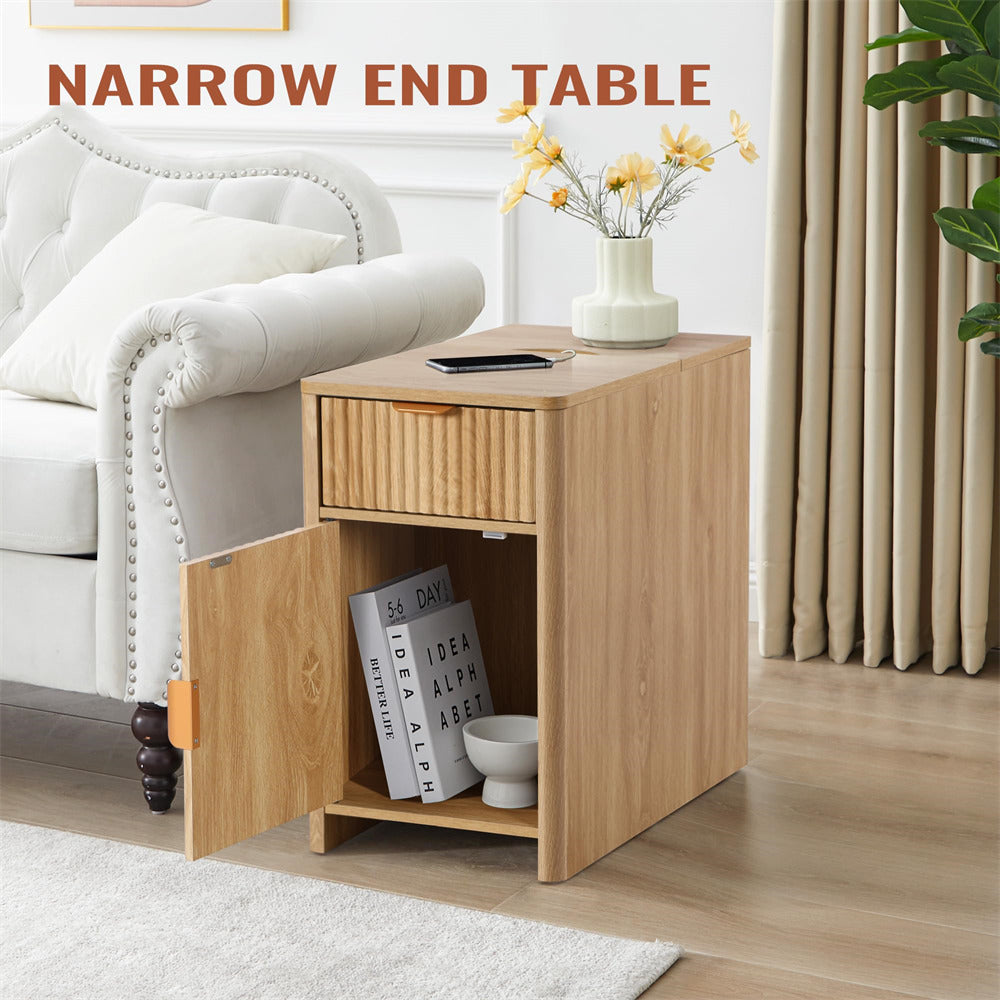 Natural Fluted Small Night Stand Narrow End Table with Charging Station and USB Ports