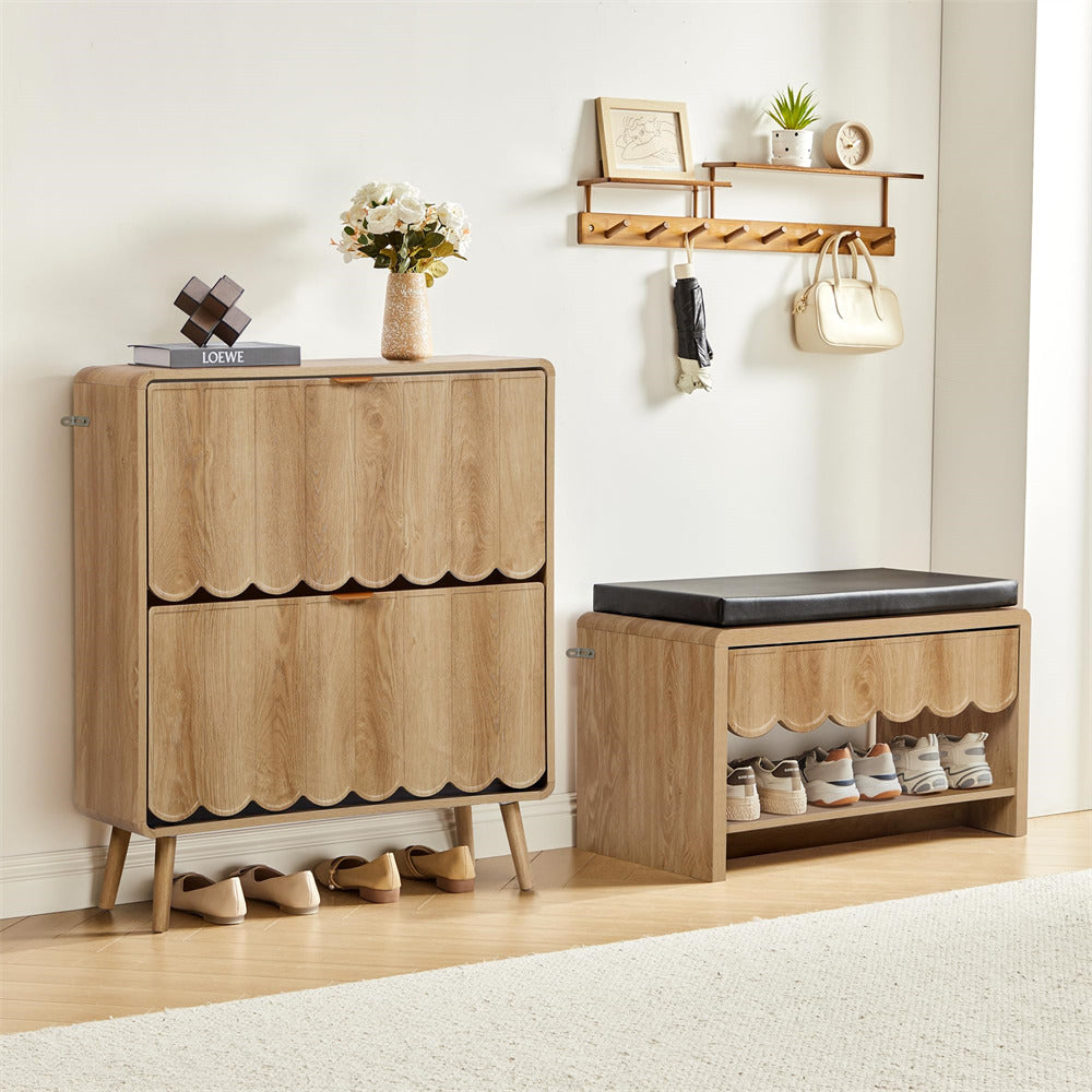 Wooden shoe cabinet with storage bench and shoes on a light wooden floor.