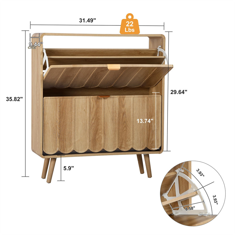 Wooden storage bench with dimensions and weight label on a white background